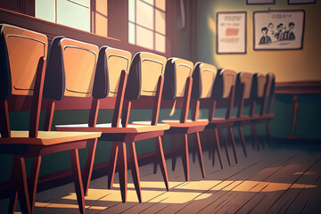 Poster - selective soft and blur focus.old wooden row lecture chairs in classroom in poor school.study room without student. Generative AI