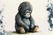 Baby Gorilla Sitting With Toy Bear Watercolor, Generative AI