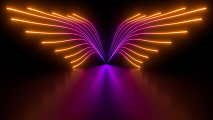 Fototapete - Sci Fy neon glowing wave lines in a dark hall. Reflections on the floor. Empty background in the center. 3d rendering image. Abstract glowing lines. Techology futuristic background.