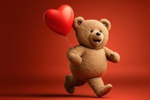 Teddy Bear Holding Heart On Red Background - Generative AI