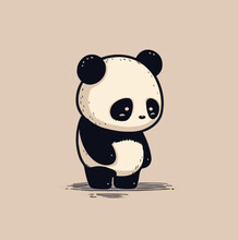 Image Of Little Cute Baby Panda In Chibi Style - Standing With Shadow Minimal. Adorable Animal That Eats Bamboo Leaves. Flat Vector Illustrations Isolated