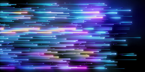 3d render, abstract neon background. pink blue glowing lines, speed of light, meteor shower. digital