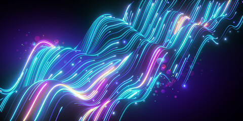 3d render, abstract neon background. Wavy glowing pink blue lines and bokeh lights