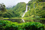 Fototapeta  - Waterfalls, green paradise hidden in Flores Island, Azores, Portugal