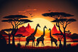 Concept for safari tourism and vacation to Africa gloomy sunset in the African savanna with a herd of giraffes. Generative AI