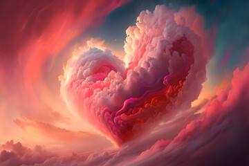 A captivating abstract image featuring a heart-shaped silhouette amidst a sea of fluffy clouds in shades of pink and red, The swirling hues and ethereal clouds create a dreamlike atmosphere.