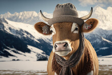 Funny Cow In The Alps Wearing Hat And Scarf - Generative AI