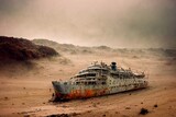 Fototapeta  - bateau de croisière échoué sur le sable dans le désert à cause du réchauffement climatique - illustration IA
