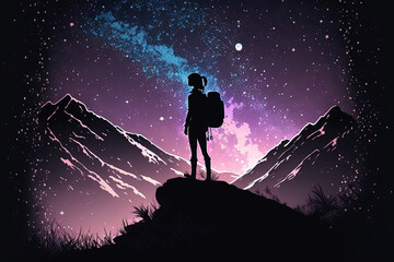 Canvas Print - Silhouette of young female traveler and backpacker standing and watched the star and milky way alone on top of the mountain. She enjoyed traveling and was successful when he reached the summit