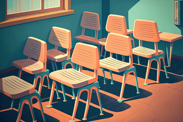 Poster - Chairs are on school desks. School furniture. The class is waiting for the students' classes. Generative AI