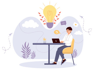 Poster - man found brilliant ideas. insight and brainstorming, creative person sitting at workplace. entrepre