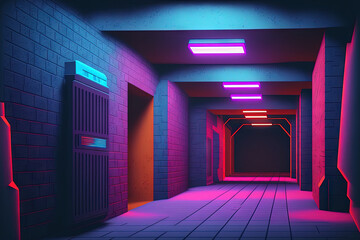 Wall Mural - Spaceship Neon Blue Purple Red Alien SF Concrete Rubble Cement Illustration of a Garage Tunnel Corridor Warehouse Showroom Underground in the Future. Generative AI