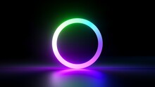 3d Render, Abstract Minimalist Background With Simple Geometric Round Shape. Colorful Neon Ring Glowing In The Dark, Pink Violet Green Gradient