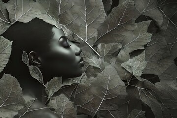 Black woman portrait, posing in the middle of giant leaves in grey color tones, generative ai