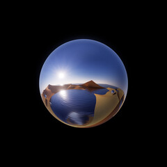 Wall Mural - 3d render, round fish eye lens effect, desert sand dunes reflecting in the metallic ball, isolated on black background. Spherical landscape panorama.