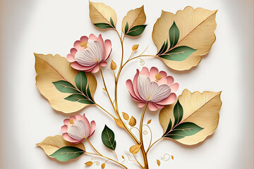 Wall Mural - Flowers with pink petals, golden buds, and green foliage are depicted on a white sheet of paper. Plant trunks and leaf veins are both made of gold. The form of the leaves is oblong. Generative AI