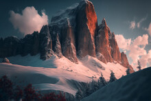 Illustration Of Epic Snowy Ultra Wide Landscape With Steep High Red Mountains, At Golden Hour. Created By Generative AI