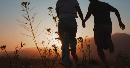 silhouette of couple running in a mountain field at sunset, holding hands, young and romantic family