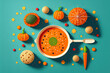 Conceptual flat lay healthy food background featuring a space pumpkin solar system with carrot, pepper, and lentil soup. Generative AI