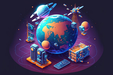 Poster - telecommunications technology for online commerce. cryptocurrency, blockchain, and iot are all part 