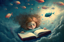 Education Dream Hope Inspiration And Independence Idea Book With A Female, Weird Painting. Illustration, Conceptual Art, Fantasy Art, And The Delight Of A Child. Generative AI