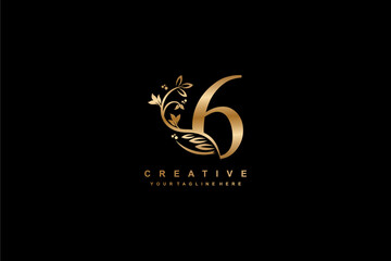 Gold number 6 logo vector design with leaf, flower, feather decoration. monogram number 6, typography number. luxury number 6. anniversary 6. suitable for business, company, wedding, birthday, etc