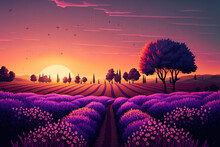 Beautiful Scenery, An Amazing Summertime Lavender Flower Landscape, A Serene Sunset View, And Agricultural Scenery. Stunning Natural Background, Motivational Idea. Generative AI
