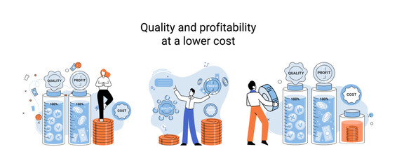Fototapete - Quality and profitability at lower cost. Salary increase metaphor, profit margin. Earn on business inflation, investment, developing, coordinating sales. Management optimization of business processes