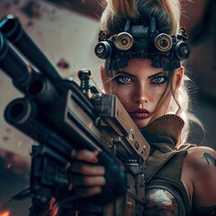 Wall Mural - portrait of a sci-fi cyberpunk warrior. high-tech futuristic man from the future. the concept of vir
