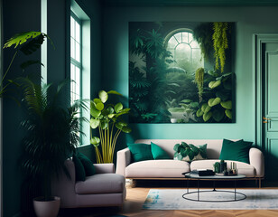 Wall Mural - elegant green living room with many plants, surreal