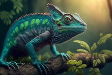 Photorealistic Portrait Colored Chameleon, Forest In The Background Cinematic Landscape Generative Ai
