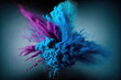 © AkuAku - dust explosion that is blue, aqua, and violet. Exploding color powder in slow motion. Illustration. Generative AI
