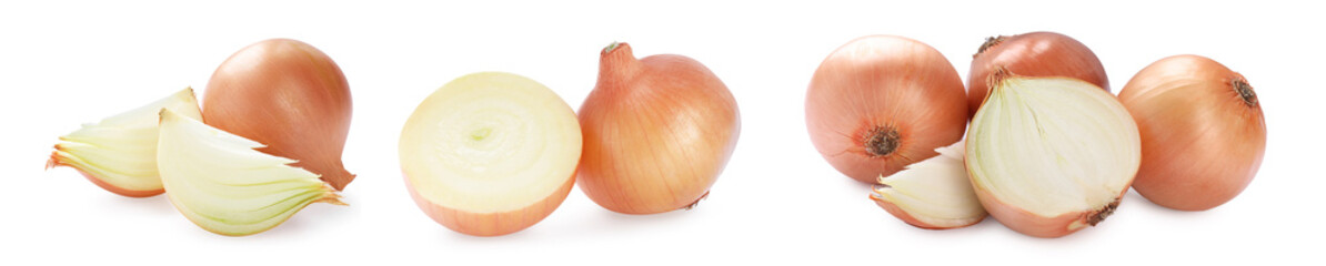 Collage with fresh ripe onions on white background