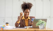 © David - Excited happy Asian or african american woman business woman and phone screen in office for joy social media, internet browsing or research online win isolated over a white blur background