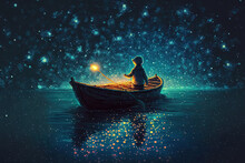 Boy Paddling A Boat In The Starry Night's Sea Under A Mysterious Light. Digital Painting And Conceptual Art. Illustration Of A Fantasy. Generative AI