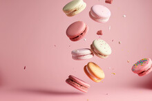On A Pink Background, French Macarons Are Seen Flying Through The Air Amid Crumbs. Levitation Theory A Background In Cuisine. Pastel Hues Food Deconstruction. Generative AI