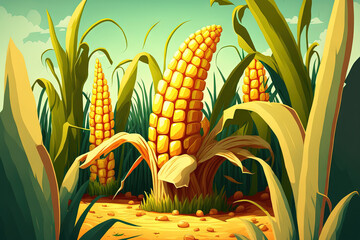 Sticker - Corn cobs in corn plantation field. Generative AI