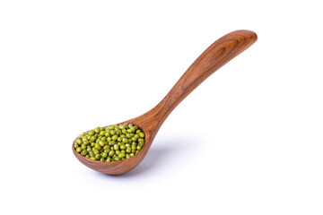 Wall Mural - Green mung beans in wooden spoon isolated on white background.