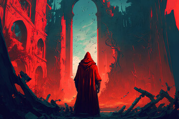 Image of a man in a crimson robe gazing at a building's ruins in a fantasy world created with digital art. Generative AI