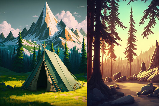 a painting of a natural scene, a fantasy painting of mountains and trees, and a concept drawing of a tent in the forest. Generative AI