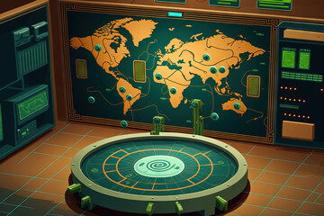 Poster - world map with several shifting symbols and pulsating circles over vacant server room notion of cybe