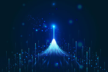 Poster - luminous lines rising from the horizon with the background of particle internet technology