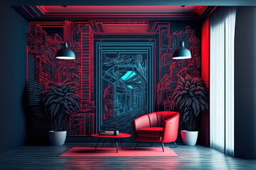 Poster - Illustration of a futuristic room with red and blue neon lighting. scene of cyberpunk. Commercial wall coverings. interior with grunge. Generative AI