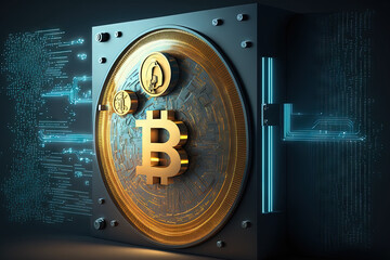 Poster - on a rotating safe lock over financial data processing, there is an image of the bitcoin symbol. con
