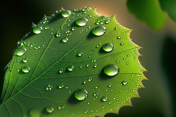 Poster - Close up macro of water drops on a green leaf in the sun's rays. Raindrops in nature on a rough leaf. Generative AI