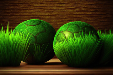 Poster - Imagine green grass balls on a wooden background for unique wallpaper that is printed digitally. Generative AI