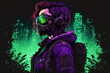 © AkuAku - Illustration of a cyberpunk female standing in a nighttime landscape with air pollution wearing a futuristic gas mask, protective green glasses, and filters, along with a fashionable jacket with purpl