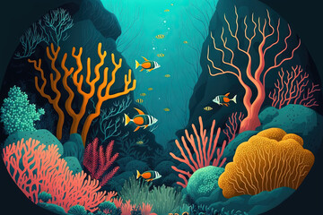 Wall Mural - coral reef underwater scene, world ocean wildlife landscape. Generative AI