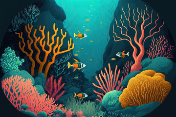 Poster - coral reef underwater scene, world ocean wildlife landscape. Generative AI