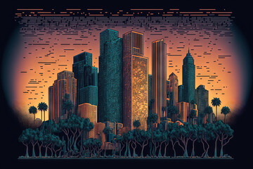 View of the Los Angeles skyline at dusk in California, USA. City skyscrapers in LA. Artificial intelligence idea hologram. AI in business, neural networks, machine learning, and robotics. Generative